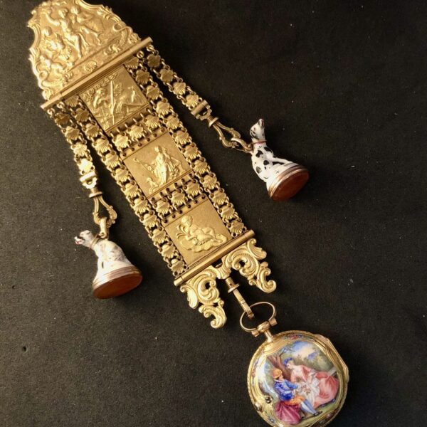 Romilly, Paris, Miniaturanhängeuhr mit Gold-Chatelaine, ca. 1760